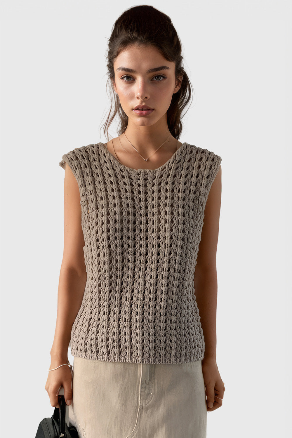 Open Knit Sleeveless Top - Khaki